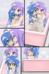 2girls :3 ahoge bath bathroom bathtub blue_eyes blue_hair blush comic green_eyes hiiragi_kagami hug izumi_konata kagami_hiiragi kagamin_bocchi kiss konata_izumi long_hair lucky_star mountain_pukuichi multiple_girls nude pink_hair smile steam yuri