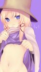  blonde_hair blue_eyes blush female harano hat midriff moriya_suwako navel no_nose shirt_lift solo suwako_moriya touhou 