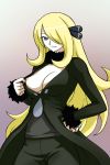 1girl art babe big_breasts blonde_hair blue_eyes breasts coat cynthia gradient gradient_background hair_over_one_eye hand_on_hip long_hair long_sleeves looking_at_viewer michael nintendo nipple_slip nipples one_breast_out pants pokemon pokemon_(anime) pokemon_(game) pokemon_dppt shirona_(pokemon) smile solo very_long_hair