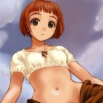 1girl bangs blunt_bangs bob_cut brown_eyes crop_top from_below haruyama haruyama_kazunori last_exile lavie_head looking_at_viewer looking_down lowres midriff navel no_panties pubic_hair red_hair short_hair solo stare staring