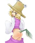  1girl ass bad_id blonde_hair female hat moriya_suwako no_panties ofuro_(artist) ofuro_mantarou open_mouth short_hair skirt skirt_pull smile solo suwako_moriya tadpole_tail tail touhou yellow_eyes 