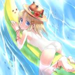  ass banana_boat barefoot blonde_hair blue_eyes eyes feet flower girl_on_banana hat hirasato lying moriya_suwako on_stomach one-piece_swimsuit ribbon school_swimsuit see-through short_hair solo suwako_moriya swimsuit touhou water wet white_school_swimsuit yukkuri_shiteitte_ne 