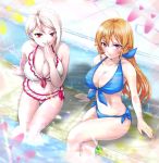 10s 2_girls alluring bare_shoulders big_breasts bikini blonde_hair blush breasts cleavage cousins hand_to_own_mouth high_res long_hair looking_at_viewer midriff multiple_girls nakiri_alice nakiri_erina navel pink_eyes pool red_eyes shokugeki_no_souma short_hair silver_hair smile swimsuit water white_hair