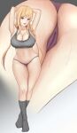 1girl :d alluring armpits arms_behind_head arms_up ass ass_focus bajitohfu bangs big_breasts blonde_hair blush braid breasts cameltoe covered_nipples crotch_seam eyebrows_visible_through_hair grey_legwear hair_tie high_res long_hair looking_at_viewer low_twintails midriff multiple_views nakiri_erina no_pants open_mouth panties purple_eyes purple_panties shokugeki_no_souma smile socks sports_bra stomach sweat teeth tight tongue twin_braids twin_tails underwear upper_teeth wide_hips