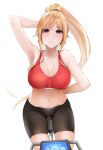  1girl 1girl alluring arm_behind_back arm_behind_head armpits bangs bare_shoulders big_breasts bike_shorts black_shorts blonde_hair blush breasts cleavage exercise high_res long_hair looking_at_viewer midriff nakiri_erina noir_(4chan) parted_lips ponytail purple_eyes red_pupils red_sports_bra shokugeki_no_souma shorts sidelocks simple_background sitting skindentation sports_bra sweat 