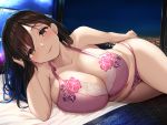 1girl 1girl 1girl absurd_res bed bed_sheet bedroom bedroom_eyes belly big_breasts blush bra breasts cleavage curvy female_only high_res huge_breasts lingerie looking_at_viewer milf oekakizuki original panties pink_bra pink_panties plump smile window