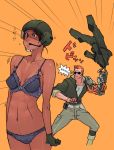  !? 1boy 1girl badass bionic_commando bionic_commando_rearmed blue_bra blue_panties bra breasts capcom cyborg_(designation) dark_skin g-room_honten gloves haley headgear helmet lingerie nathan_spencer nipples panties sunglasses underwear underwear_only undressing 