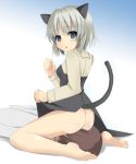  1girl animal_ears ass barefoot blue_eyes blush bottomless cat_ears cat_tail dress dress_lift facesitting hetero looking_back nekomimi no_panties original sanya_v_litvyak short_hair silver_hair sitting sitting_on_face sitting_on_person solo_focus strike_witches tail yoshida_(pixiv) yoshida_(rodeo) 