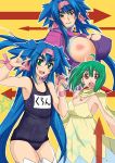  2girls \\m/ \m/ aoi_manabu bad_id blue_hair blush bodysuit breasts dress flat_chest green_eyes green_hair headband huge_breasts klan_klein long_hair macross macross_frontier manabu_aoi microphone multiple_girls nipples one-piece_swimsuit parody pointy_ears ranka_lee red_eyes school_swimsuit seikan_hikou short_hair swimsuit torn_clothes twintails very_long_hair 