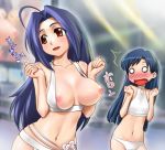  2girls ahoge azusa_miura blue_hair blush bra breast_slip breasts chihaya_kisaragi collarbone face flat_chest idolmaster kisaragi_chihaya large_breasts lingerie long_hair midriff miura_azusa multiple_girls navel nipple_slip nipples o_o red_eyes shock sports_bra surprise surprised sweatdrop underwear wardrobe_malfunction zanzi 