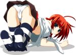  1girl all_fours ass black_legwear breasts feet fumihiro looking_back lyrical_nanoha mahou_shoujo_lyrical_nanoha mahou_shoujo_lyrical_nanoha_a&#039;s mahou_shoujo_lyrical_nanoha_strikers miniskirt panties pantyshot red_hair shirt skirt solo striped striped_legwear striped_thighhighs t-shirt thighhighs top-down_bottom-up underboob underwear upskirt vita white_panties 