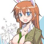 3girls :d animal_ears arms_up between_breasts blue_eyes blush breasts bunny_ears charlotte_e_yeager cleavage francesca_lucchini long_hair lowres miyafuji_yoshika multiple_girls oekaki open_clothes open_mouth open_shirt orange_hair shirt smile strike_witches upper_body white_background