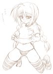  1girl blush braid cameltoe erect_nipples flat_chest gym_uniform johnny_(artist) johnny_(from_scratch) kneeling long_hair lyrical_nanoha mahou_shoujo_lyrical_nanoha mahou_shoujo_lyrical_nanoha_a&#039;s mahou_shoujo_lyrical_nanoha_strikers monochrome panties shirt_lift simple_background sketch solo striped striped_legwear striped_panties striped_thighhighs sweat thighhighs twin_braids underwear very_long_hair vita 