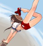  1girl bad_id barefoot breasts brown_hair buruma feet flat_chest geta gym_uniform handstand kurame kusari_hime:_euthanasia kusarihime long_hair midriff nakamura_tetsuya navel on_top_of_pole pole ponytail shirt_lift solo tengu-geta upshirt yoga 