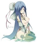  1girl between_breasts blue_hair breasts demon_girl face fantasy_earth_zero kyo kyo_(kuroichigo) long_hair nipples solo succubus thighhighs topless yellow_eyes 