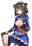  1girl armor belt blue_legwear bob_cut breasts brown_eyes cum cum_on_body cum_on_breasts cum_on_clothes cum_on_upper_body fantasy_earth_zero gloves grey_hair leg_lift leg_up nipple_slip nipples no_bra open_clothes open_shirt panties panties_under_pantyhose pantyhose pantyshot puffy_nipples ri-man ryman shirt short_hair simple_background skirt solo turtleneck underwear upskirt white_background 