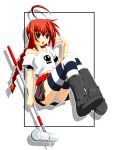  1girl boots fumihiro graf_eisen lyrical_nanoha mahou_shoujo_lyrical_nanoha mahou_shoujo_lyrical_nanoha_a&#039;s mahou_shoujo_lyrical_nanoha_a's mahou_shoujo_lyrical_nanoha_strikers panties pantyshot shirt solo striped striped_legwear striped_thighhighs t-shirt thighhighs underwear vita 