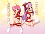  ahoge blush caro_ru_lushe flat_chest footwear lutecia lutecia_alpine lyrical_nanoha mahou_shoujo_lyrical_nanoha mahou_shoujo_lyrical_nanoha_strikers naked_ribbon pink_hair purple_hair ribbon ribbons socks thighhighs translation_request valentine 