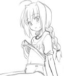 ahoge blush braid buruma flat_chest gym_uniform hijiri_tsukasa long_hair lowres lyrical_nanoha mahou_shoujo_lyrical_nanoha mahou_shoujo_lyrical_nanoha_a's mahou_shoujo_lyrical_nanoha_strikers midriff monochrome shirt_lift single_braid sitting sketch sweatdrop vita