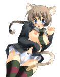  animal_ears braid breasts brown_hair cameltoe kurosawa_kiyotaka large_breasts lynette_bishop nipples panties purple_eyes shirt_lift strike_witches striped striped_legwear striped_thighhighs tail takashi_kiyoshi tears thighhighs underwear 