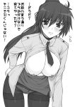 1girl big_breasts breasts huge_breasts lyrical_nanoha mahou_shoujo_lyrical_nanoha mahou_shoujo_lyrical_nanoha_a's mahou_shoujo_lyrical_nanoha_strikers monochrome necktie nipples open_clothes open_shirt panties panties_under_pantyhose pantyhose pencil_skirt shichimenchou shirt signum skirt skirt_pull solo text thighband_pantyhose translation_request underwear