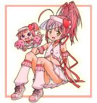  2girls amu_hinamori amulet_heart blush boots brown_eyes chibi dual_persona flat_chest footwear frills hinamori_amu kakuchou loose_socks magical_girl multiple_girls panties pantyshot pink_boots pink_hair ran ran_(shugo_chara!) ran_(shugo_chara) shugo_chara shugo_chara! sitting skirt socks underwear white_background white_border 