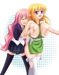  2girls :o bad_id blonde_hair blue_eyes blush breast_grab breasts elf grabbing groping huge_breasts long_hair louise_francoise_le_blanc_de_la_valliere minazuki_(artist) minazuki_(jo) multiple_girls open_mouth pink_hair pointy_ears skirt stockings surprised surprised_arms thighhighs tiffania_westwood very_long_hair zero_no_tsukaima zettai_ryouiki 