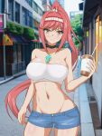 1girl alluring big_breasts cleavage core_crystal crop_top glimmer_(xenoblade) hata_(pixiv10403940) holding_coffee_cup nintendo outside posing red_hair shorts xenoblade_(series) xenoblade_chronicles_3:_future_redeemed