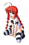  1girl ahoge arm_garter arm_support between_legs blue_eyes braid hand_between_legs kneeling long_hair lyrical_nanoha mahou_shoujo_lyrical_nanoha mahou_shoujo_lyrical_nanoha_a&#039;s mahou_shoujo_lyrical_nanoha_a's mahou_shoujo_lyrical_nanoha_strikers no_pants red_hair sakura_yuu shirt shirt_tug simple_background solo striped striped_legwear t-shirt thighhighs twin_braids vita white_background 