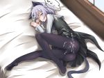 1girl animal_ears bed black_legwear black_pantyhose censored cum cum_on_clothes feet green_eyes hamihe legs lying one_eye_closed pantyhose purple_hair sanya_v_litvyak sleeping sleepy solo strike_witches tail translated wink