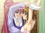 2girls 4040 armpits arms_up assisted_exposure blue_eyes blush bra brown_hair couple eye_contact grey_eyes hair_ornament hayate_yagami looking_at_another lyrical_nanoha mahou_shoujo_lyrical_nanoha mahou_shoujo_lyrical_nanoha_a's mahou_shoujo_lyrical_nanoha_strikers multiple_girls mutual_yuri ponytail red_hair sanshita signum underwear undressing yagami_hayate yuri