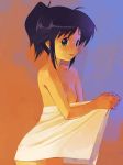  1girl andou_mahoro bare_shoulders bath_towel black_hair breasts collarbone faux_traditional_media flat_chest green_eyes kizaki looking_at_viewer mahoro_andou mahoromatic multicolored_background naked_towel nipples shaved_pussy short_hair simple_background small_breasts solo standing towel traditional_media watercolor watercolor_(medium) 