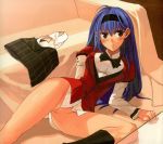  1girl ahoge blue_hair blush bottomless bow bowtie couch duplicate footwear hairband highres jpeg_artifacts kakyuusei_2 long_hair long_legs lying morii_shizuki nanase_takato no_panties panties photoshop plaid plaid_skirt pussy school_uniform serafuku skirt socks solo takato_nanase takatoo_nanase tartan thighs uncensored underwear undressing white_panties 