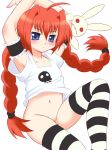  1girl blush kurappii lyrical_nanoha mahou_shoujo_lyrical_nanoha mahou_shoujo_lyrical_nanoha_a&#039;s mahou_shoujo_lyrical_nanoha_a's mahou_shoujo_lyrical_nanoha_strikers no_panties puppet puppets red_hair shirt solo striped striped_legwear t-shirt thighhighs vita 