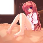  1girl barefoot bed blush bottomless dress_shirt frapowa hair_down lyrical_nanoha mahou_shoujo_lyrical_nanoha mahou_shoujo_lyrical_nanoha_a&#039;s mahou_shoujo_lyrical_nanoha_a's mahou_shoujo_lyrical_nanoha_strikers no_pants open_clothes open_shirt panties pantyshot pantyshot_(sitting) pantyshot_sitting pink_panties red_hair shirt sitting solo underwear vita 