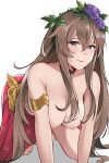 1girl 1girl 1girl all_fours areola aslind_samure big_breasts breasts brown_hair erect_nipples female_only female_solo flower granblue_fantasy hair_flower hair_ornament high_resolution huge_breasts long_hair looking_at_viewer nipples plain_background purple_eyes rosetta_(granblue_fantasy) simple_background smile very_high_resolution very_long_hair white_background