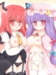 breast_press breasts female hat head_wings koakuma large_breasts lingerie long_hair nipples nipples_touching panties patchouli_knowledge purple_hair red_hair ribbon ribbons ry symmetrical_docking the_embodiment_of_scarlet_devil touhou underwear wings