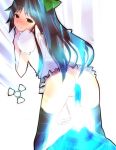  1girl ass black_hair blush bottomless bow female glowing hair_bow long_hair no_wings radiation radiation_symbol radioactive reiuji_utsuho smile solo takashima thighhighs touhou 