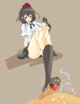 1girl aya_shameimaru bad_feet barefoot black_hair blush cameltoe censored cum ejaculation erection feet footjob footwear grey_background hat momio panties penis pov shameimaru_aya short_hair single_sock skirt socks solo solo_focus touhou underwear upskirt white_panties