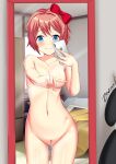  blue_eyes bow cute doki_doki_literature_club mirror phone reflection sayori_(doki_doki_literature_club) short_hair 