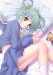  1girl bed blue_skirt braid footwear green_eyes green_hair hair_rings kago_no_tori kagonotori lying miharu_tatebayashi panties pantyshot pantyshot_(lying) pillow pillows school_uniform serafuku skirt socks solo stuffed_animal stuffed_toy tatebayashi_miharu tokimeki_memorial tokimeki_memorial_1 twin_braids underwear upskirt 