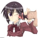 1girl bamboo_blade brown_hair censored cum cum_on_clothes cum_on_hair facial hairjob handjob kawazoe_tamaki makarou penis purple_eyes purple_hair school_uniform serafuku short_hair solo_focus tamaki_kawazoe white_background