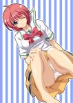  1girl ;) ahoge blue_eyes blush bow hand_on_knee hand_on_own_knee hikari_hinomoto hinomoto_hikari konami looking_at_viewer mole mole_under_eye one_eye_closed panties pink_bow red_hair school_uniform serafuku shiruko short_hair short_sleeves smile solo tokimeki_memorial tokimeki_memorial_2 underwear vertical-striped_background vertical_stripes white_panties 