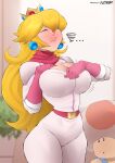 1boy 1girl belt blonde_hair blush bodysuit breasts cleavage closed_eyes crown earrings flytrapxx gloves high_res illumination insanely_hot jewelry mario_(series) nintendo princess_peach scarf sexy sexy_body sexy_breasts skin_tight struggling struggling_to_fit super_mario_bros. the_super_mario_bros_movie tight_clothing toad_(mario) zipper