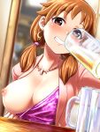 1girl 1girl 1girl alcohol areola bangs beer beer_mug big_breasts blazer blurry blurry_background blush breast_slip breasts breasts_out_of_clothes brown_eyes brown_hair cleavage crescent_earrings cup dress dress_pull dress_shirt drink drinking earrings erect_nipples eyebrows_visible_through_hair flashing grin idolmaster idolmaster jacket jewelry katagiri_sanae kobamiso_(kobalt) light_brown_hair long_hair looking_at_viewer low_twintails mug necklace nipples no_bra one_breast_out_of_clothes oppai_challenge orange_hair puffy_areolae pulled_by_self purple_dress red_eyes shirt short_hair sitting smile tareme teeth tied_hair twin_tails upper_body