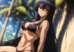 1girl akame_(akame_ga_kill!) akame_ga_kill! alluring beach big_breasts bikini black_hair cleavage joker_(artist) long_hair red_eyes sitting