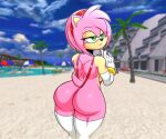  1girl amy_rose anthro armpits beach big_ass big_breasts bracelets emerald_coast gloves glovesrandom hairband hedgehog hedgehog_girl randomgloves screenshot_background sega sling_bikini stockings 