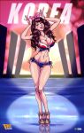  1girl asian big_breasts blizzard_entertainment breasts brown_hair cleavage d.va d.va_(overwatch) faymantra female_only flag flag_bikini flag_print hana_song high_heels korea korea_flag korean korean_flag long_hair looking_at_viewer national_personification open_toe_shoes overwatch posing south_korea south_korean_flag text 