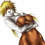 1girl areola_slip areolae arrancar bleach blonde_hair bottomless breasts brown_eyes crossed_arms dark_nipples dark_skin disembodied_penis espada hollow large_breasts mosha nipple_slip nipples no_bra paizuri paizuri_under_clothes penis random_penis red_eyes solo tia_harribel tier_harribel uncensored underboob