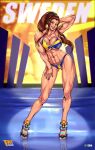 1girl 2d abs big_breasts bikini blizzard_entertainment brigitte brigitte_(overwatch) brigitte_lindholm brown_eyes brown_hair cleavage european faymantra female_only flag flag_bikini flag_print flowers long_hair looking_at_viewer muscular muscular_female open_toe_shoes overwatch ponytail sweden sweden_flag swedish_flag